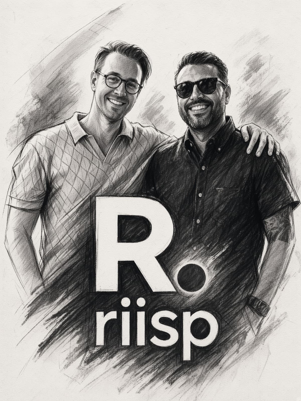 Charcoal sketch of Riisp founders Merritt Witherspoon and Kevin Salas standing together behind the Riisp logo